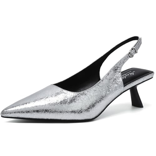 Mostrin Kitten-Heels für Damen, spitzer Zehenbereich, Lackleder, niedriger Absatz, Slingback-Absatz, mit Schnalle, Kleid Schuhe für Dating, Party, Arbeit, Silber Sh06, 39.5 EU | Amazon (DE)