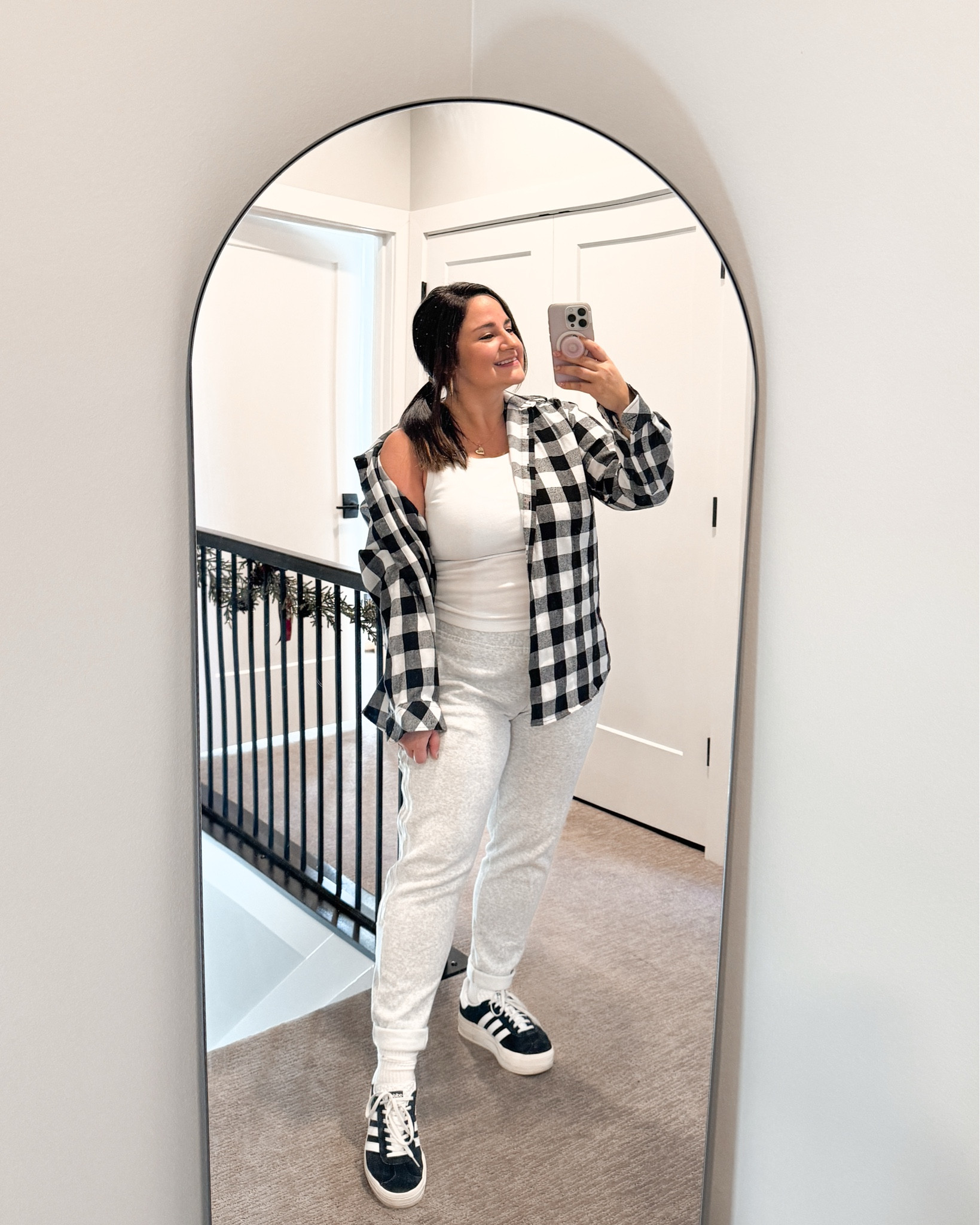 My comfy outfit for running errands!

These gray sweatpants are so cozy and have pockets! Paired with a halter neck white tank top, black sneakers, and a black and white plaid flannel! Plus my gold hoop earrings and gold heart necklace 💛 

Midsize, curvy, adidas, trendy outfit, comfy outfit, athleisuree

#LTKActive #LTKPlusSize #LTKMidsize