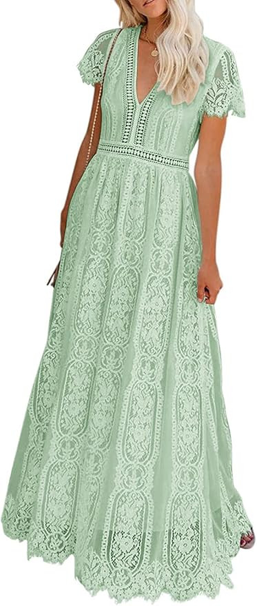 MEROKEETY Women's V Neck Short Sleeve Floral Lace Wedding Dress Bridesmaid Cocktail Party Maxi Dr... | Amazon (US)