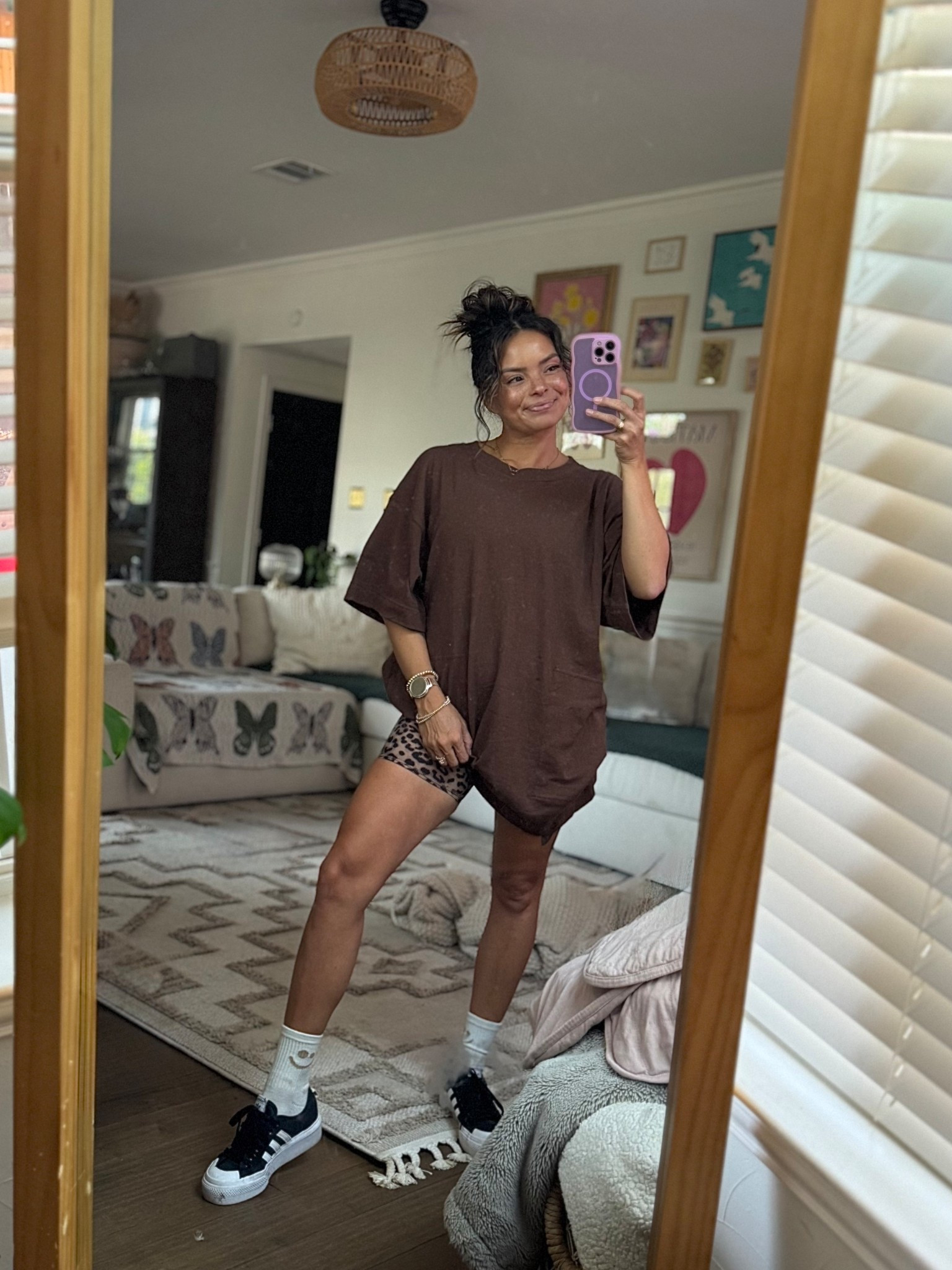 Comfy but still put together 🙌 Oversized Free People shirt, leopard biker shorts + Adidas sneakers = my go-to mom outfit. Perfect for errands, carpool, or coffee runs. 🖤

Stats: 5ft | 120lbs 
Wearing XS in top & SMALL on bottoms 

#MomOutfitIdeas #SchoolDropOffLook #BusyMomStyle #MomLifeOutfits #ErrandOutfit #CasualMomLook

#LTKPetite #LTKFindsUnder50 #LTKStyleTip