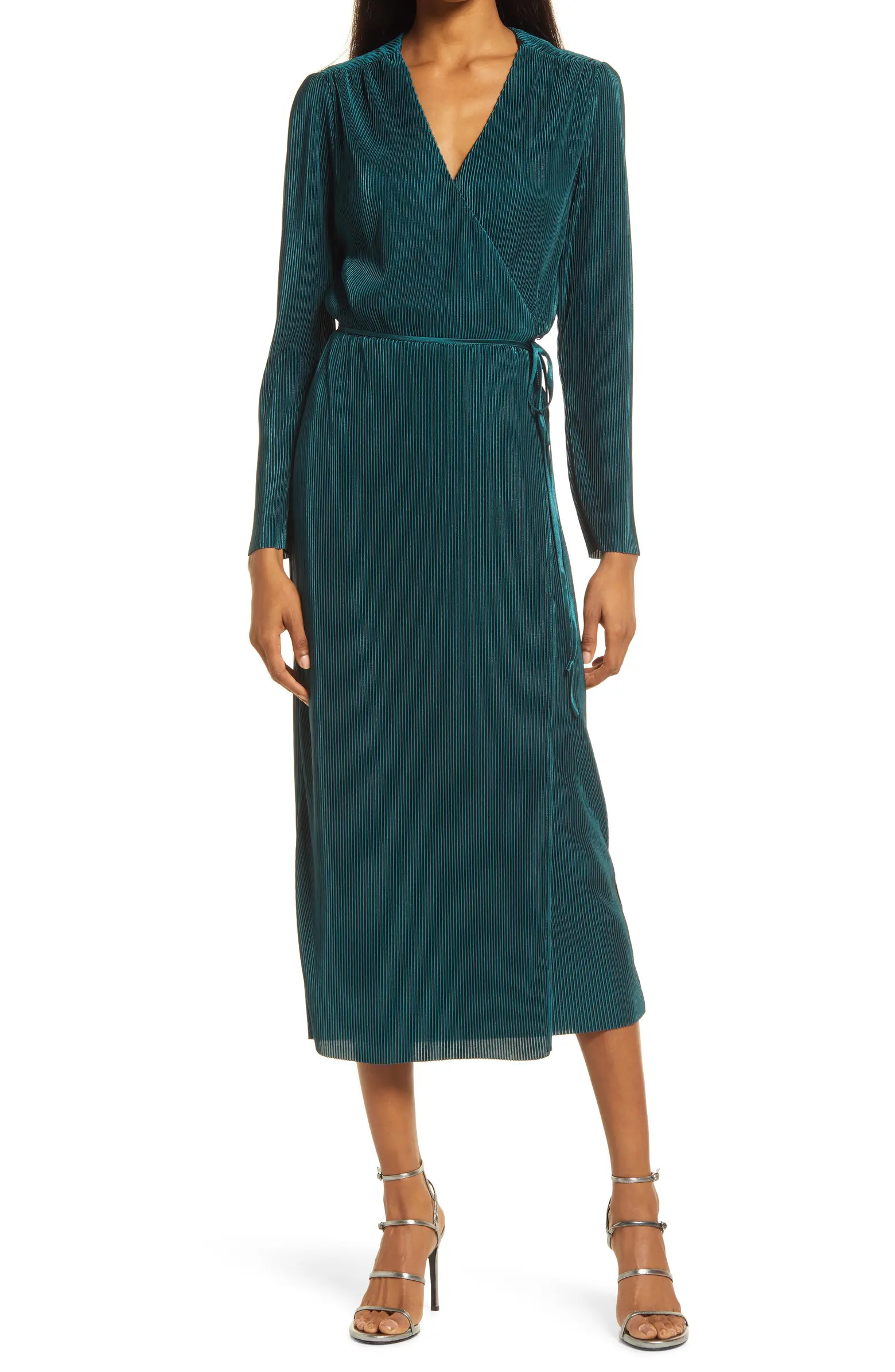 Plissè Long Sleeve Wrap Midi Dress | Nordstrom