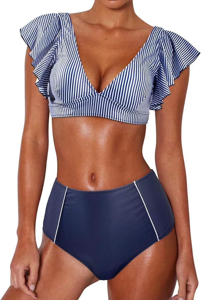 Women Ruffle High Waisted Bikini Leopard V Neck Push Up Two Piece Swimsuits | Amazon (US)