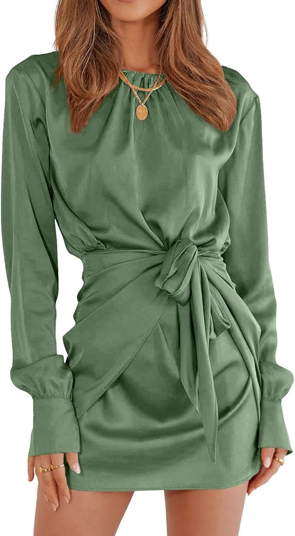 PRETTYGARDEN Women's 2022 Fall Satin Dress Long Sleeve Tie Waist Elegant Cocktail Party Mini Dresses | Amazon (US)