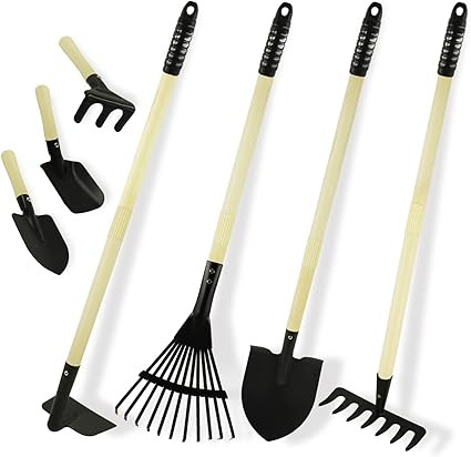 7PCS Kids Gardening Tools, Long Shovel, Rake for Leaves, Spade, Hoe, Steel Heads & Real Wood Hand... | Amazon (US)