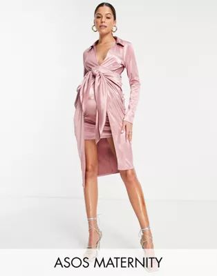 ASOS DESIGN Maternity long sleeve wrap collar midi dress in dusky pink | ASOS (Global)