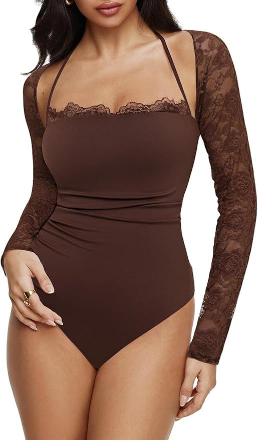 REORIA Women’s Square Neck Bodysuits 2025 Halter Tie Lace Sheer Long Sleeve Y2K Bodysuits | Amazon (US)