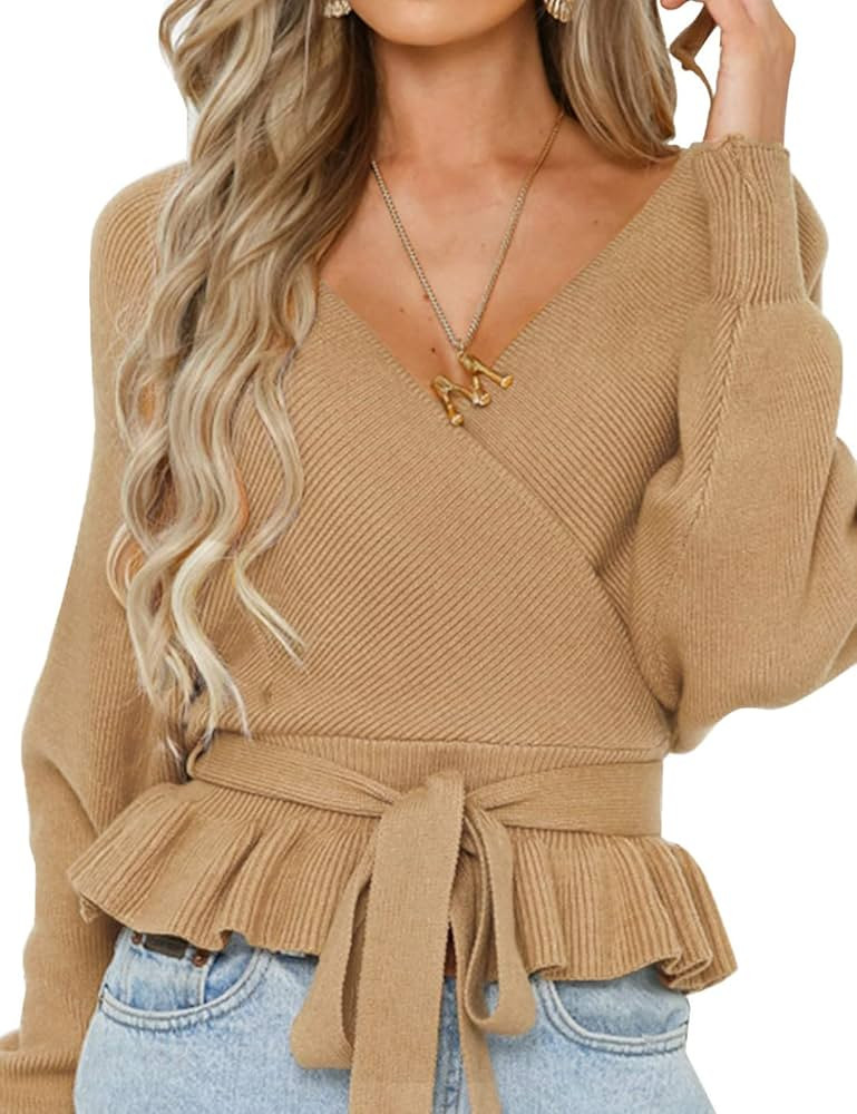 ZCSIA Women's Long Batwing Sleeve Wrap V Neck Belted Waist Ruffle Knitted Pullover Sweater Tops | Amazon (US)