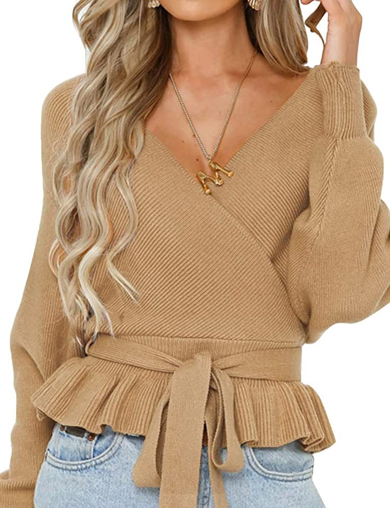 ZCSIA Women's Long Batwing Sleeve Wrap V Neck Belted Waist Ruffle Knitted Pullover Sweater Tops | Amazon (US)