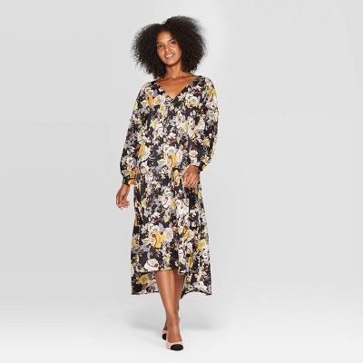 Women's Floral Print Long Sleeve V-Neck Tiered Tent Midi Dress - Who What  Wear™ Black | Target