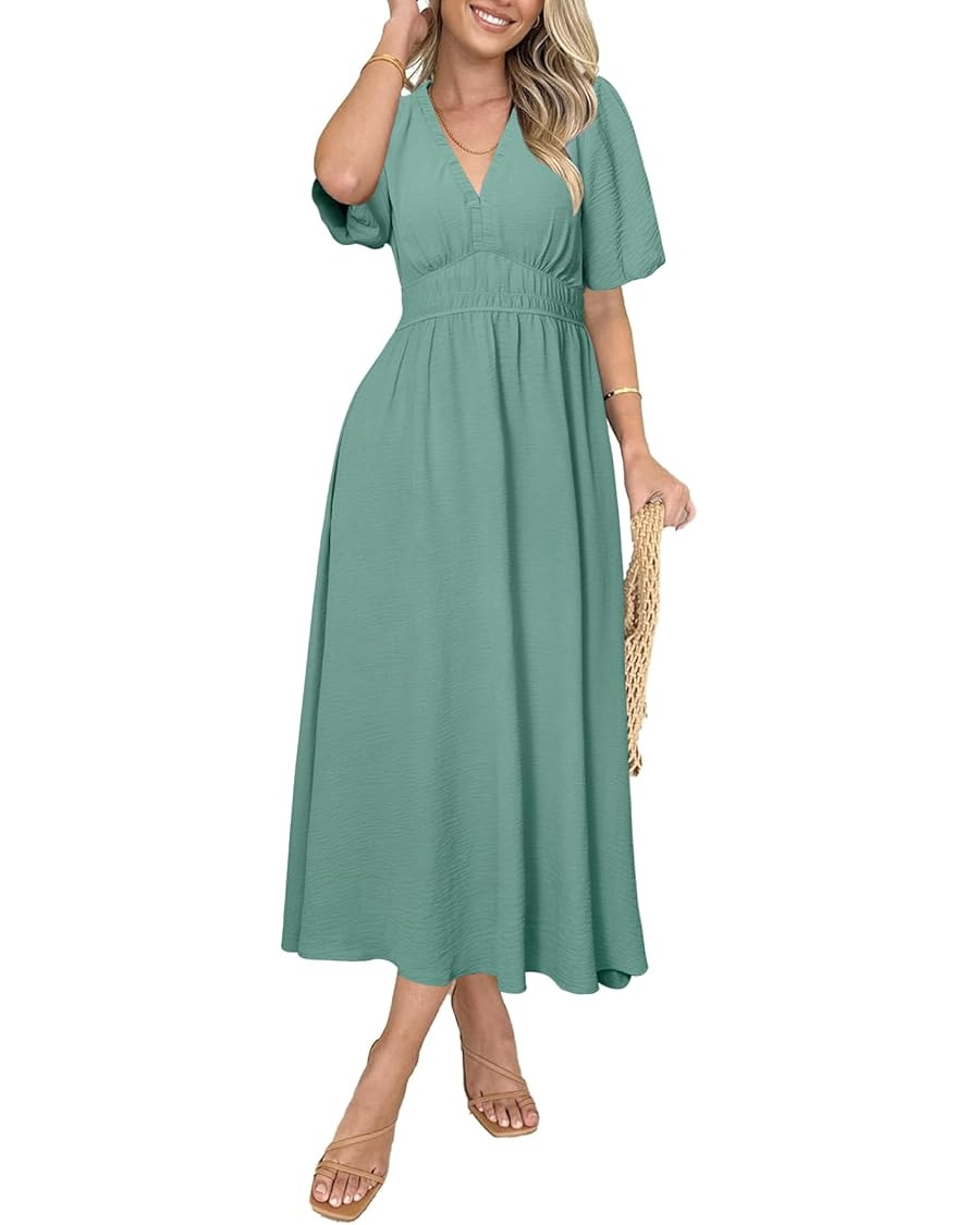 Simplee Women's Summer Flowy Midi Dress Casual V Neck Short Sleeve Empire Waist Boho Beach Dress ... | Amazon (US)