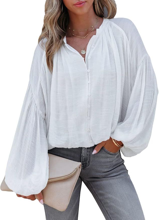 Dokotoo Womens V Neck Balloon Long Sleeve Shirts Button Down Shirt Blouses Tops | Amazon (US)
