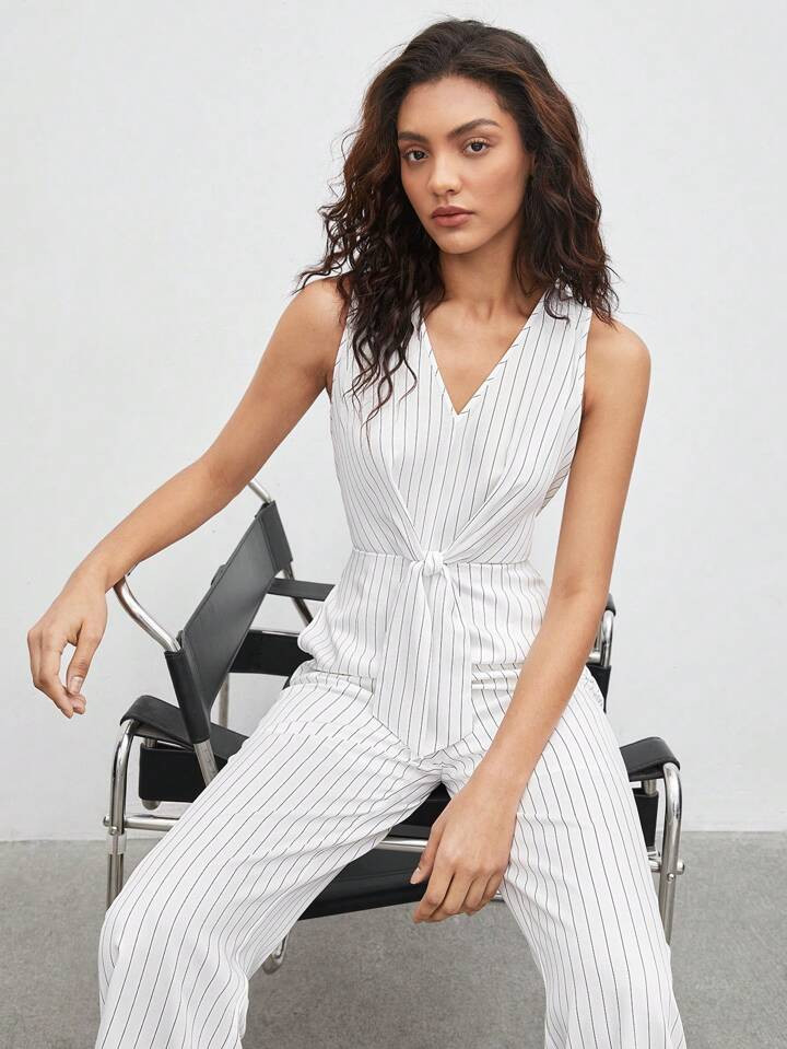 SHEIN BIZwear Women's Vertical Striped Belted Jumpsuit | SHEIN