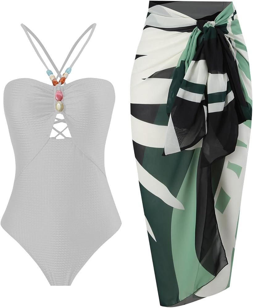 IDOPIP Women's One Piece Swimsuit with Beach Cover up Wrap Skirt Sarong Halter Floral Print Bikin... | Amazon (US)