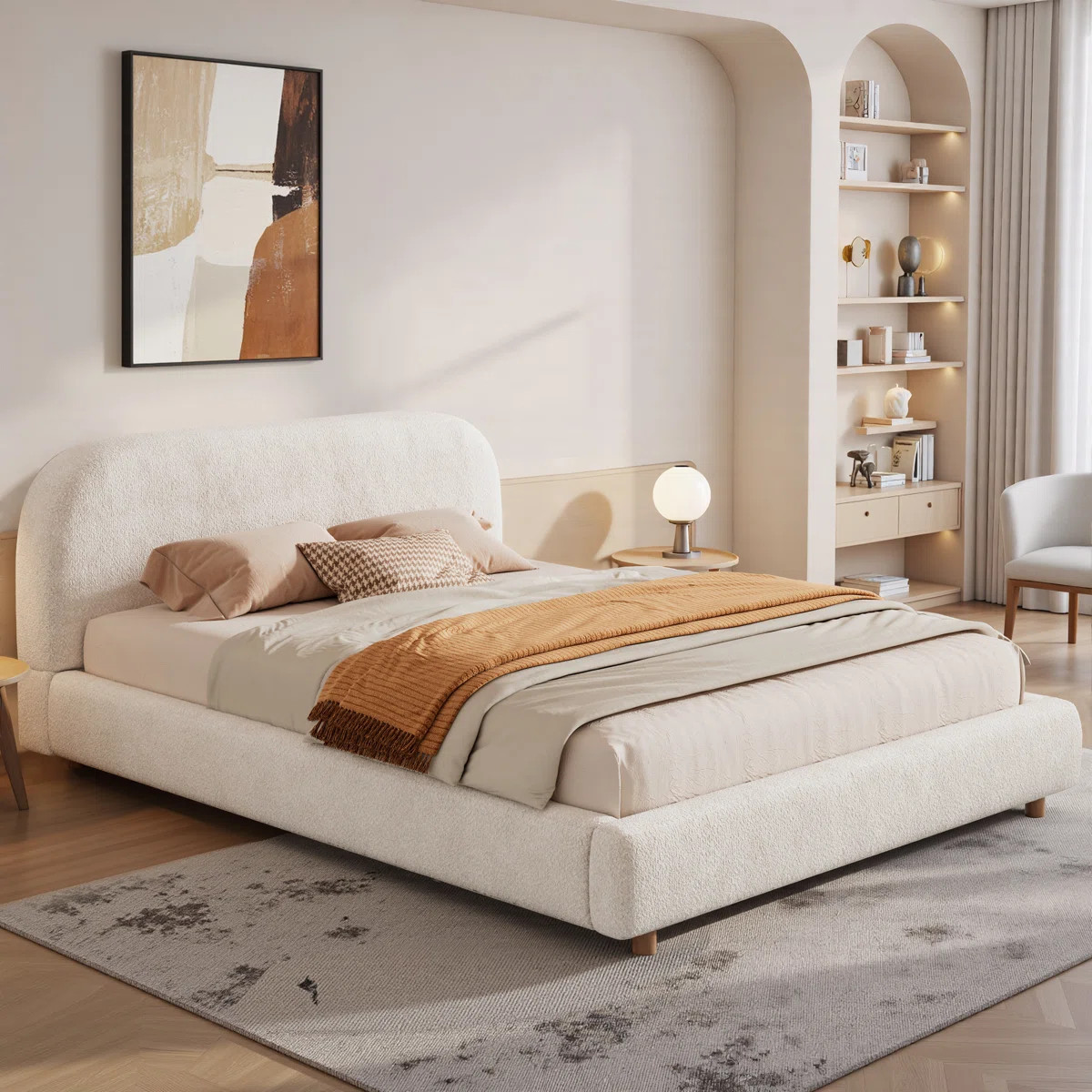 Queen Size Curve-Shaped Headboard Boucle Fabric Upholstered Bed Frame, With Metal Frame No Spring... | Wayfair North America