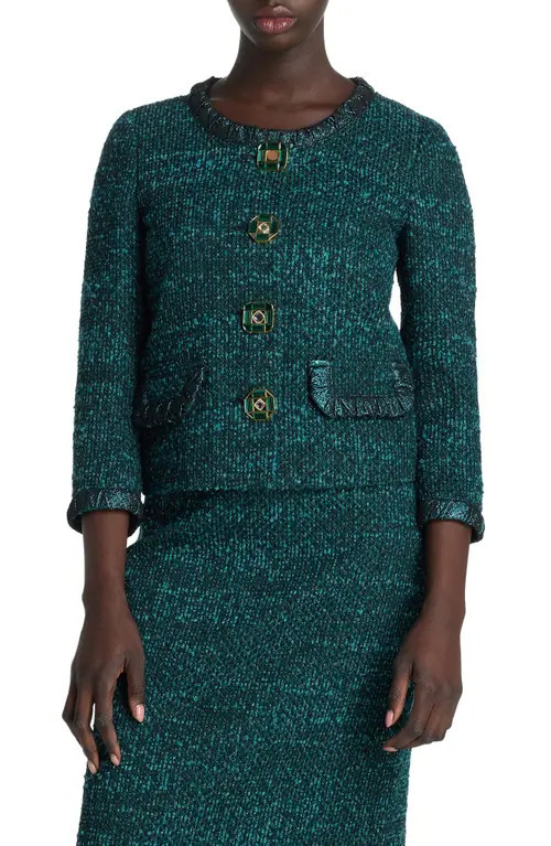 ST. JOHN Textured Tweed Knit Sweater Jacket in Dark Teal/Black Multi at Nordstrom, Size 4 | Nordstrom