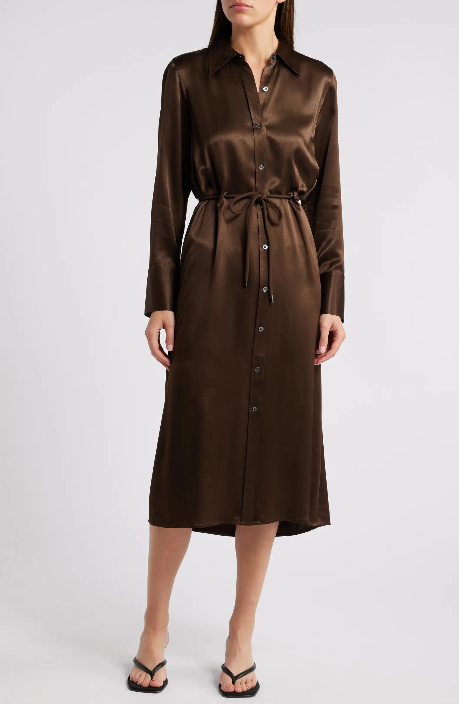 Anina Tie Waist Long Sleeve Satin Midi Shirtdress | Nordstrom