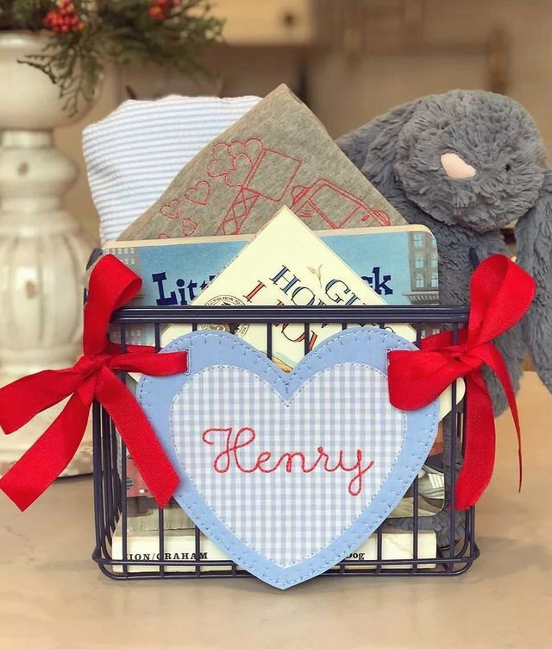 Valentine Basket Tag Personalized Keepsake Boys Blue Gingham - Etsy | Etsy (US)