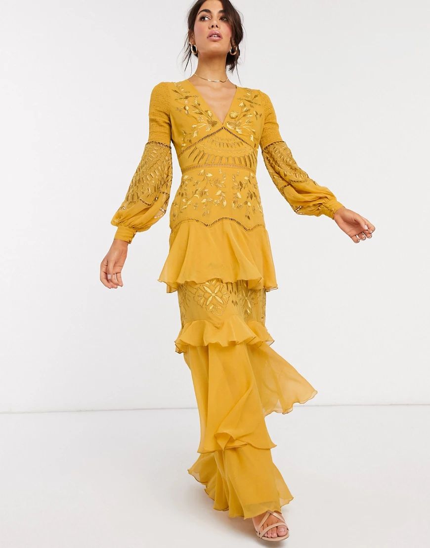ASOS DESIGN embroidered soft tiered maxi dress with ladder trim and shirring-Yellow | ASOS (Global)