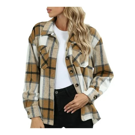 Womens Plaid shacket Jacket thick oversize Button down long sleeve Shirt Blouse Cotton Winter Warm C | Walmart (US)