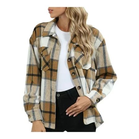 Women Long Sleeve Plaid Jacket Fall Winter Funnel Jacket Button Down Collar Flannel Coat Shirts | Walmart (US)
