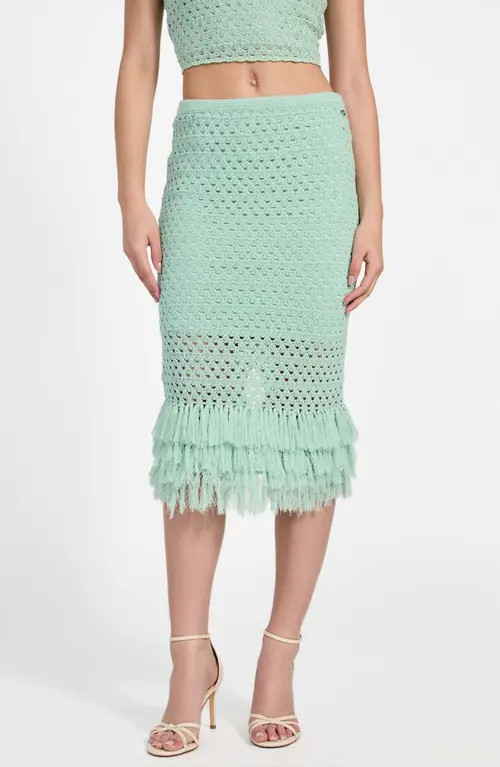 GUESS Luca Fringe Hem Open Stitch Midi Skirt in Saturn Green A809 at Nordstrom, Size Small | Nordstrom