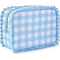 Gingham Ruffle Makeup Bag,Large Travel Cute Cosmetic Bag for Women Girls,Toiletry Bag Make up Org... | Amazon (US)