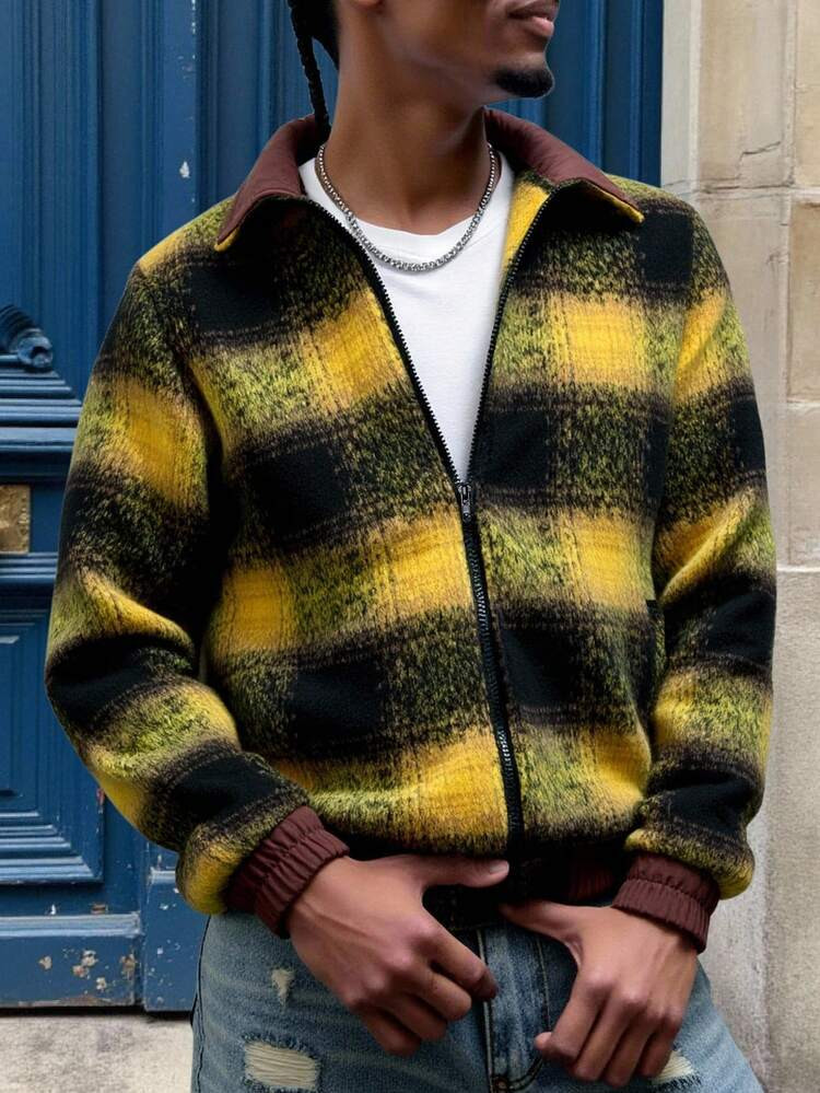 Manfinity Roghcode Men's Yellow Plaid Long Sleeve Casual Patchwork Collar Zip-Up Jacket Vintage Jacket Grunge Jacket Men Sweater Jacket Men Shacket Plaid Jacket Men,Windbreaker/Outdoor Windbreaker,Parka,Baggy,Winter Jacket | SHEIN