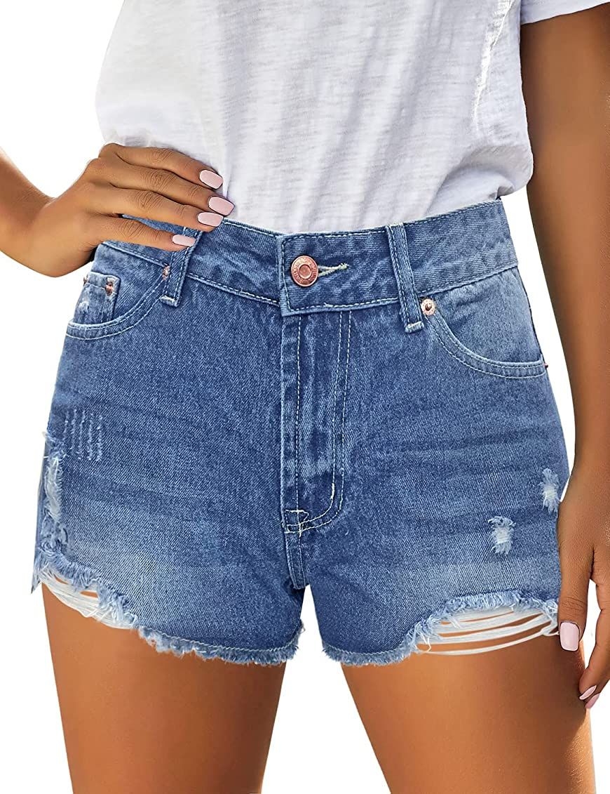 Utyful Women's Casual Summer Ripped Washed Distressed Stretch Denim Jean Shorts | Amazon (US)