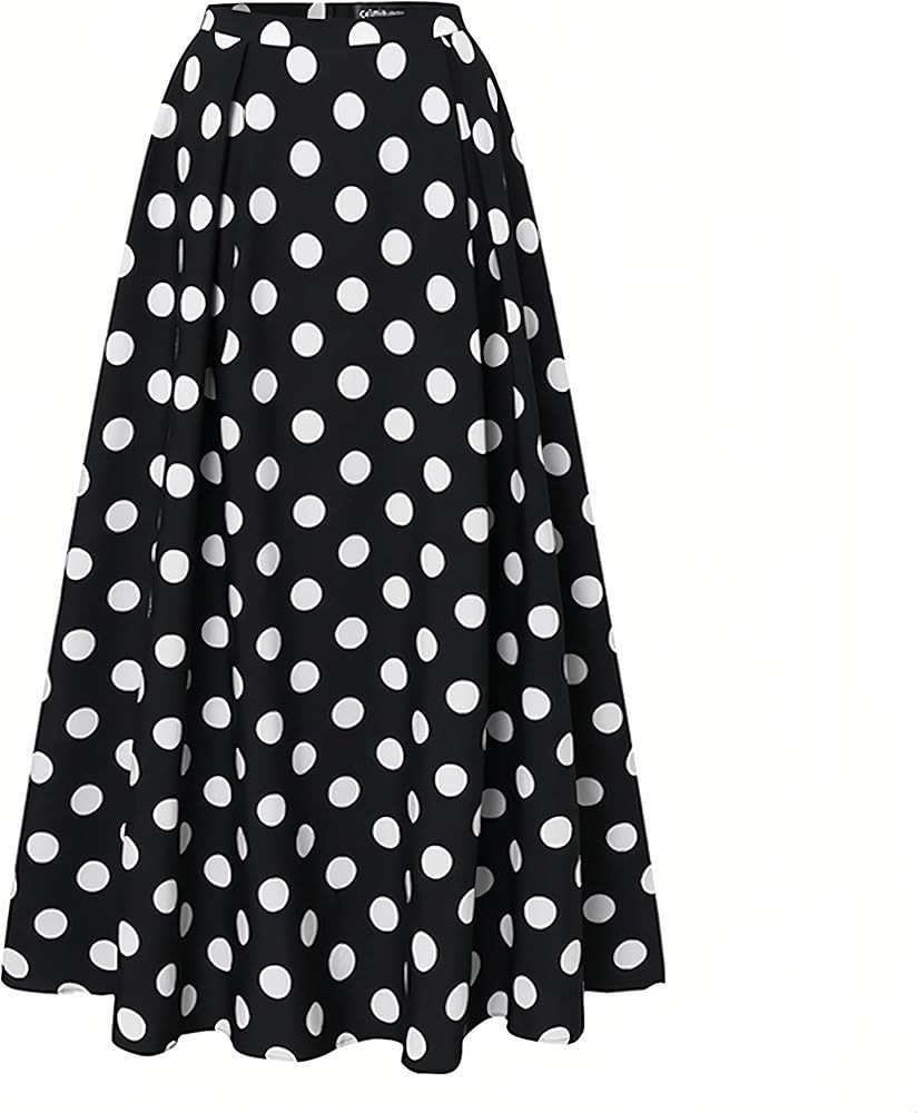 ThreeH Women's Pleated Skirt Casual Flared High Waisted Long Skirt Basic A-Line Dot Bohemia | Amazon (US)