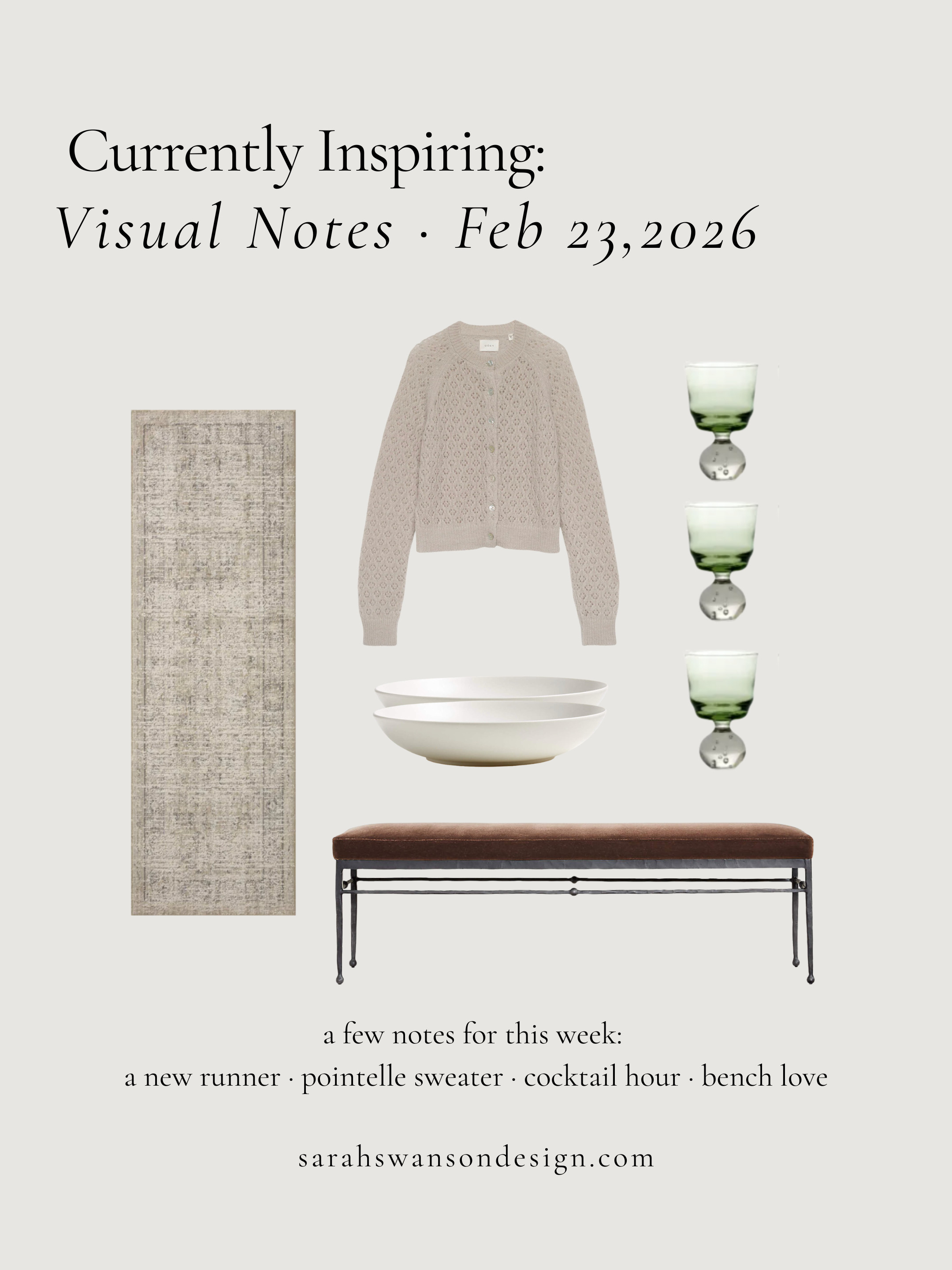 Neutral slow living edit featuring a textured runner rug, beige pointelle cardigan sweater, green stem cocktail glasses, minimalist white ceramic bowls, and a leather entryway bench. Timeless neutral home decor, capsule wardrobe knitwear, and elevated everyday essentials for a calm, curated lifestyle. Loving soft minimal interiors, warm neutral tones, layered textures, and classic pieces that feel collected and intentional. 

 #LTKOver40 #LTKHome