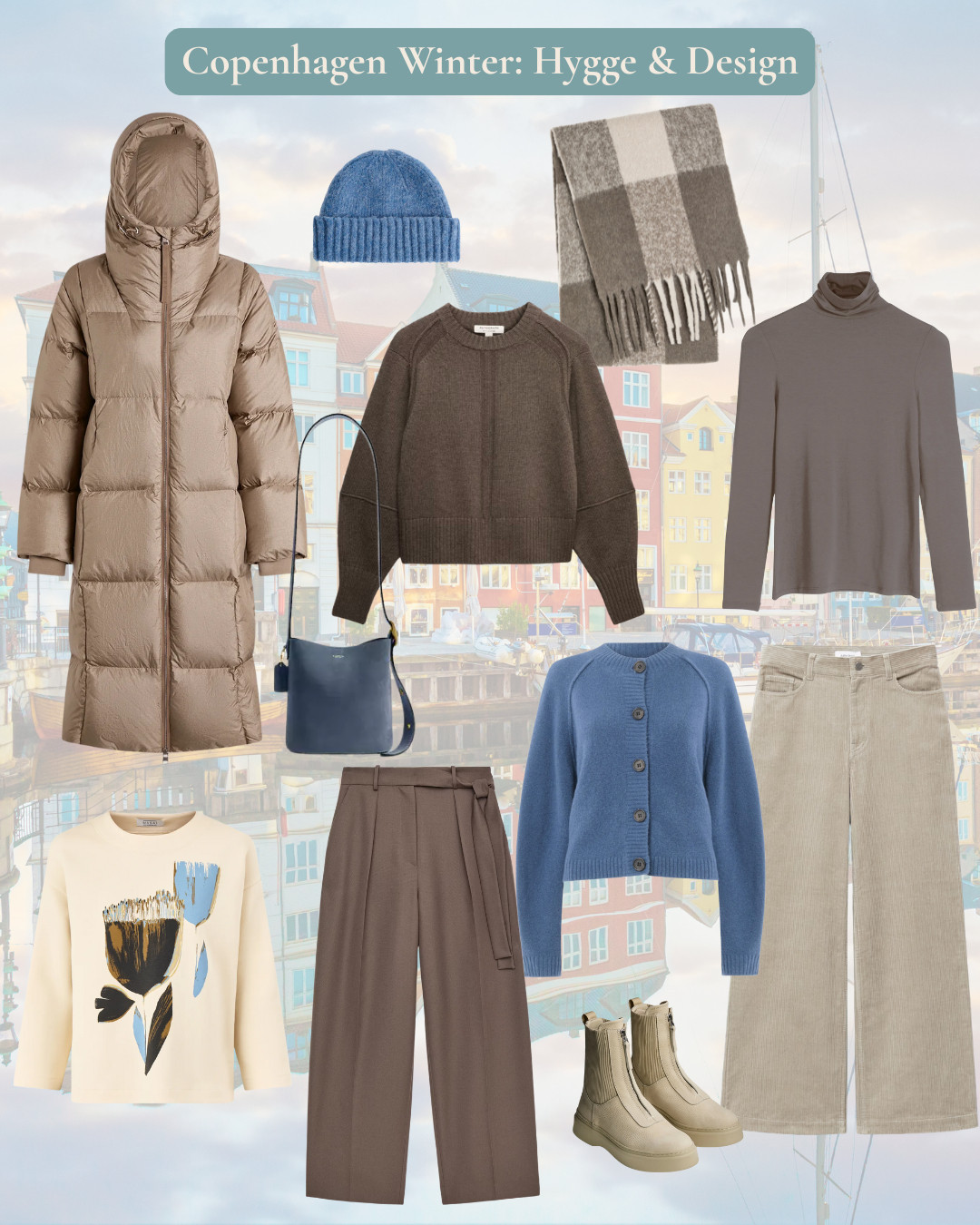 Copenhagen travel edit - warm padded coat and shades of taupe, mole and blue with wool and cord trousers for warmth, a blanket scarf and cosy hat and chunky zip front boots.  

 #LTKwinter #LTKtravel #LTKover50style