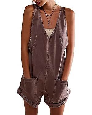 CHARTOU Women Casual Denim Short Overalls Rolled Cuff Barrel Shorts Jumpsuit Rompers | Amazon (US)
