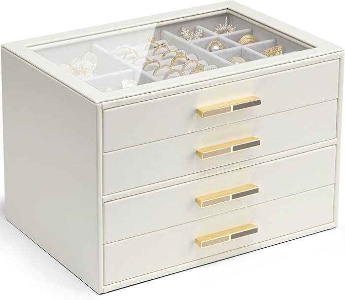 Vlando 4 Layer Jewelry Box for Women, Glass Lid Jewelry Organizer with 4 Drawers for Necklaces Ri... | Amazon (US)