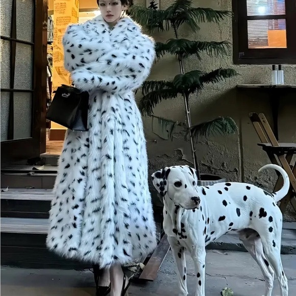 AMAZON White Dalmatian Thick Faux Fur Midi Coat NEW | Poshmark