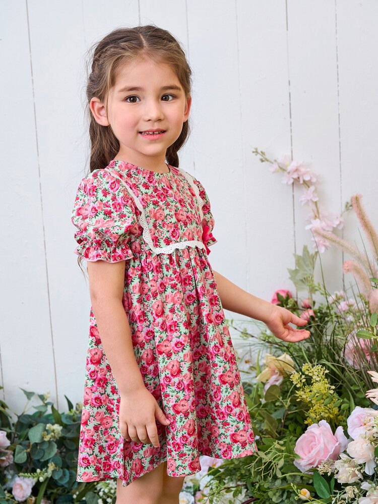 Toddler Girls Floral Print Puff Sleeve Bow Detail Dress | SHEIN