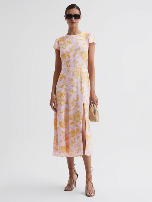 Reiss Pink/Yellow Livia Printed Cut Out Back Midi Dress | Reiss US