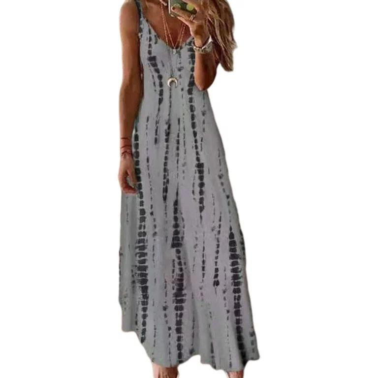 Lumento Beach Sun Dress for Womens Casual V Neck Loose Long Dress Tie Dye Flowy Pleated Dress Sum... | Walmart (US)
