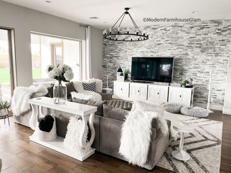 New rug in the living room at Modern Farmhouse Glam 
Furniture home decor couch sofa lighting neutral media console table 

#LTKhome #LTKFind