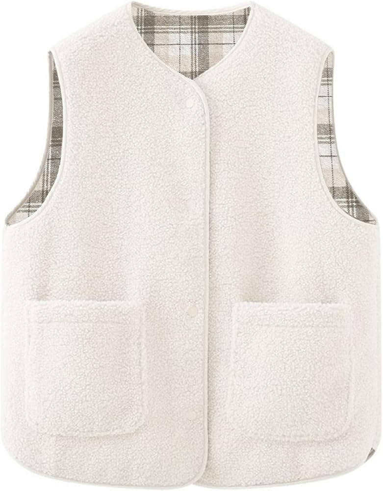 Women's Fleece Sherpa Vest Fuzzy Button Down Sleeveless Warm Jacket Reversible Plaid Gilet Outerw... | Amazon (US)