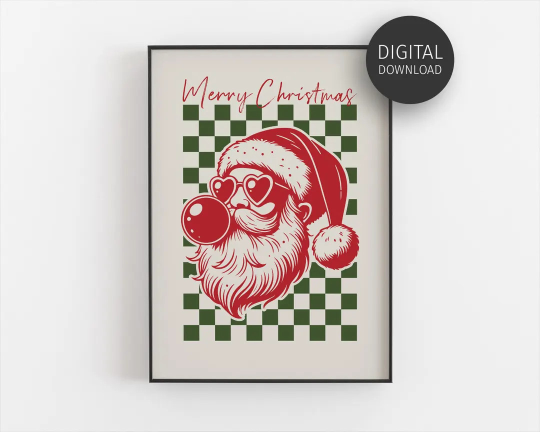 Retro Christmas Print, Printable Wall Art for Preppy Holiday Decor, Santa Blowing Gum Poster, Fes... | Etsy (US)