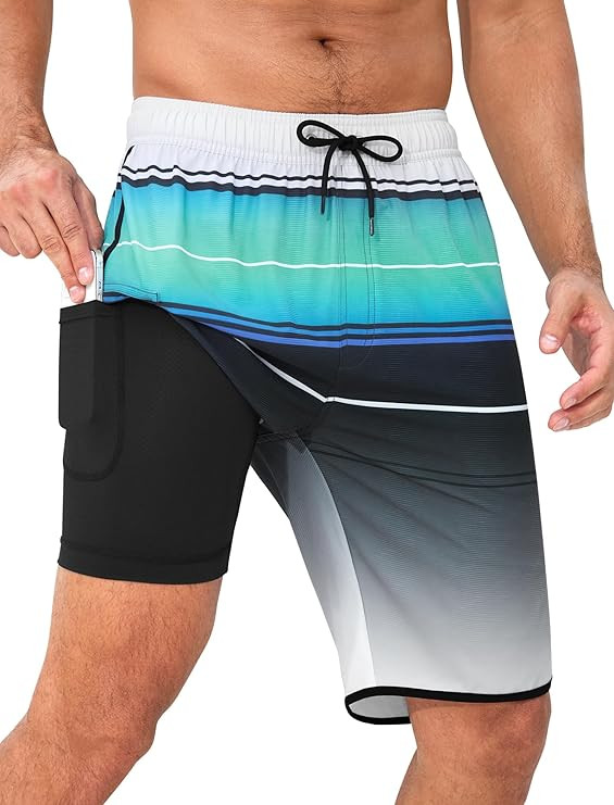 SILKWORLD Mens Swim Trunks with Compression Liner 9 Inch Long Bathing Suit 2 in 1 Beach Quick Dry... | Amazon (US)