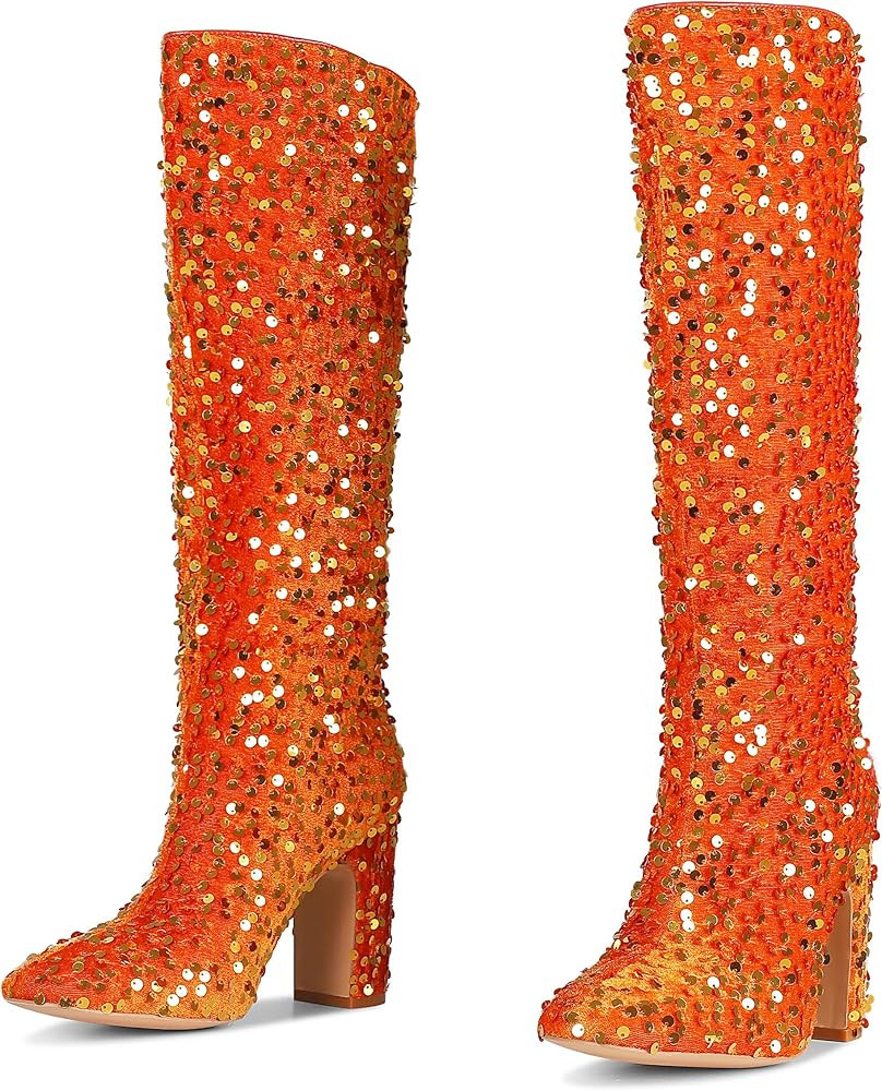 Knee High Boots Women -GoGo Boots Sparkly Sequin Womens Boots Square Toe Pull On Boots for Women Chunky Heel Thigh High Boots Fashion Dress Heeled Boots Costume Disco Halloween Party Shoes | Amazon (US)