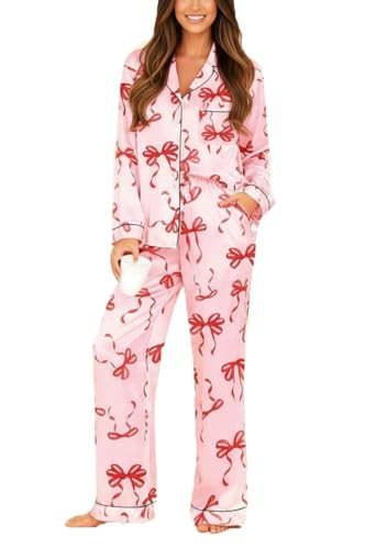 Seyurigaoka Satin Silk Christmas Pajamas Set for Women Cute Bow Pjs Button Up Shirt+Pants 2 Piece Xmas Jammies(Pink Bow B,L) | Amazon (US)