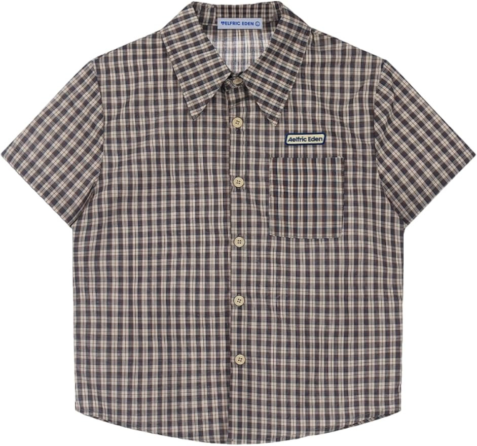 Aelfric Eden Mens Button Down Shirts Boxy Plaid Short Sleeve Shirts Unisex Streetwear Summer Tops | Amazon (US)