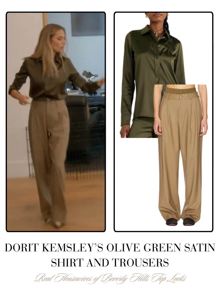 Dorit Kemsley's Olive Green Satin Shirt and Trousers 

 