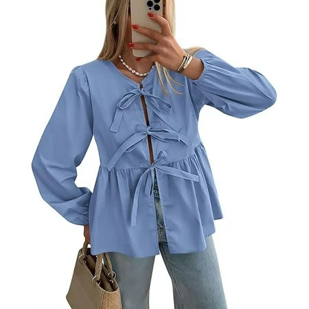 PRETTYGARDEN Women s Spring Fall Babydoll Peplum Blouse Shirt Puff Long Sleeve Bow Tie Front Trendy Cute Y2K Going Out Tops | Walmart (US)