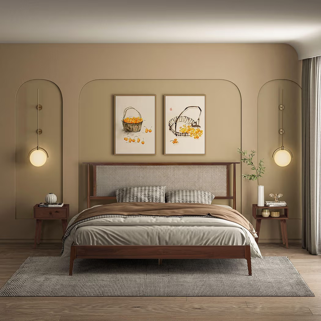 NTC Ruby Wooden Bed Frame with Headboard and Natural Rattan, Solid Oak/Rubber Wood Foundation wit... | Amazon (US)