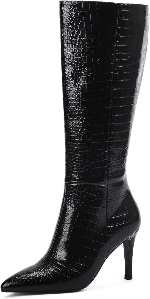 Modatope Knee High Boots Women High Heel Pointed Toe Tall Boots Faux Crocodile Boot for Women | Amazon (US)