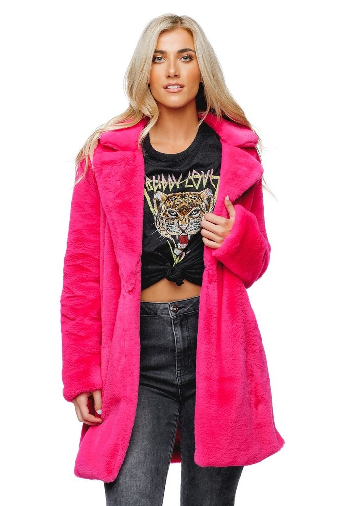 BuddyLove Diana Faux Fur Mid Thigh Length Coat - Hot Pink | BuddyLove