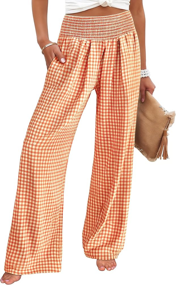 ANRABESS Womens Striped Gingham Palazzo Pants Wide Leg High Waisted Lounge Pajama Pants Cute Casu... | Amazon (US)
